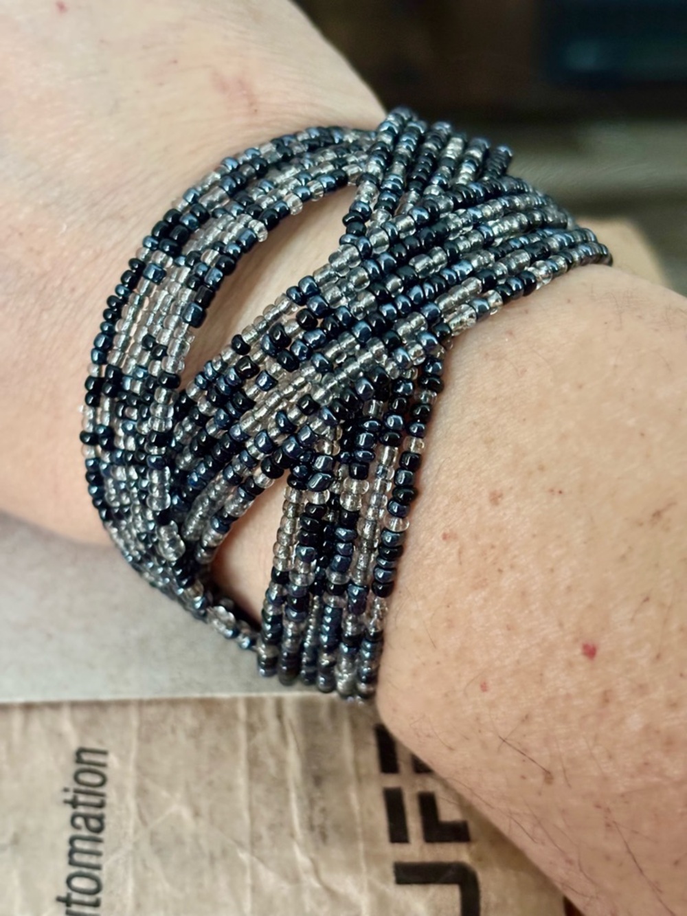 Vintage Handcrafted Multi-Strand Black and Silver Seed Bead Bracelet - Picture 3 of 3
